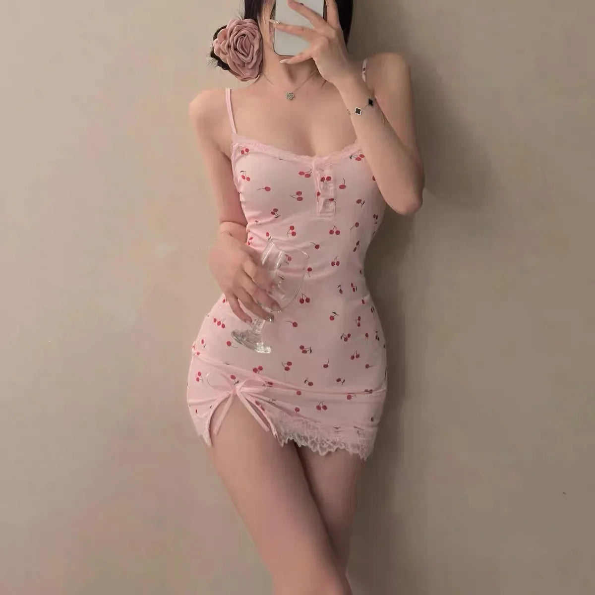 Nightdress Cute Fitted Mini Nightgown Lace Trim Detail Spaghetti Straps Pink Cherry Print Dress Summer Sleepwear