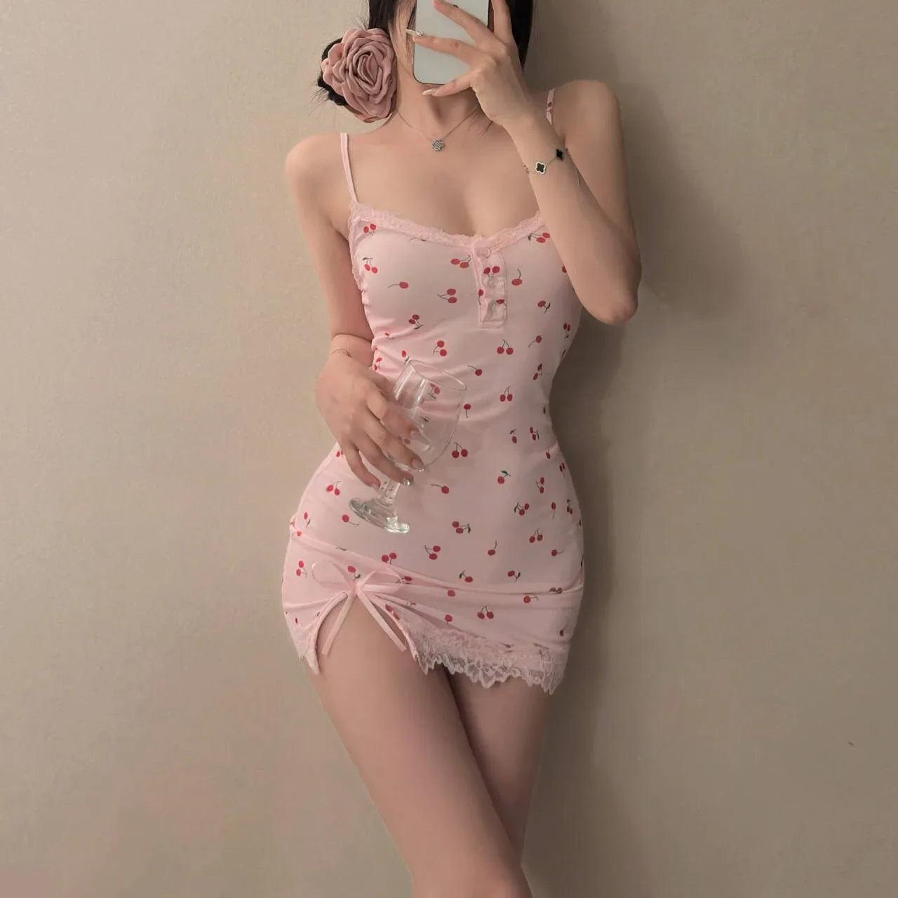 Nightdress Cute Fitted Mini Nightgown Lace Trim Detail Spaghetti Straps Pink Cherry Print Dress Summer Sleepwear