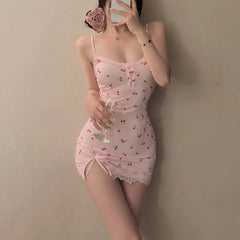 Nightdress Cute Fitted Mini Nightgown Lace Trim Detail Spaghetti Straps Pink Cherry Print Dress Summer Sleepwear
