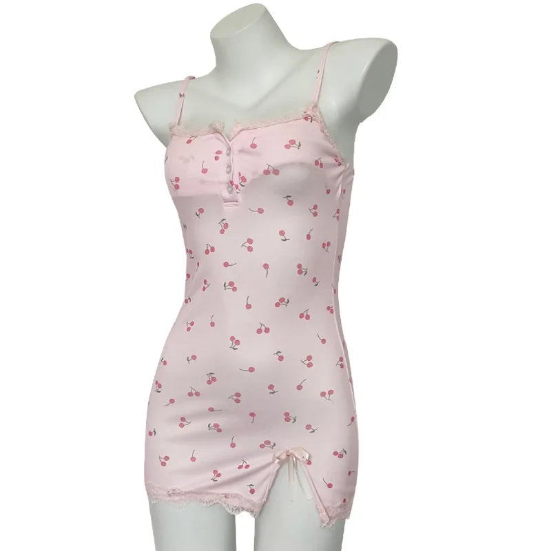 Nightdress Cute Fitted Mini Nightgown Lace Trim Detail Spaghetti Straps Pink Cherry Print Dress Summer Sleepwear