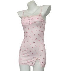 Nightdress Cute Fitted Mini Nightgown Lace Trim Detail Spaghetti Straps Pink Cherry Print Dress Summer Sleepwear