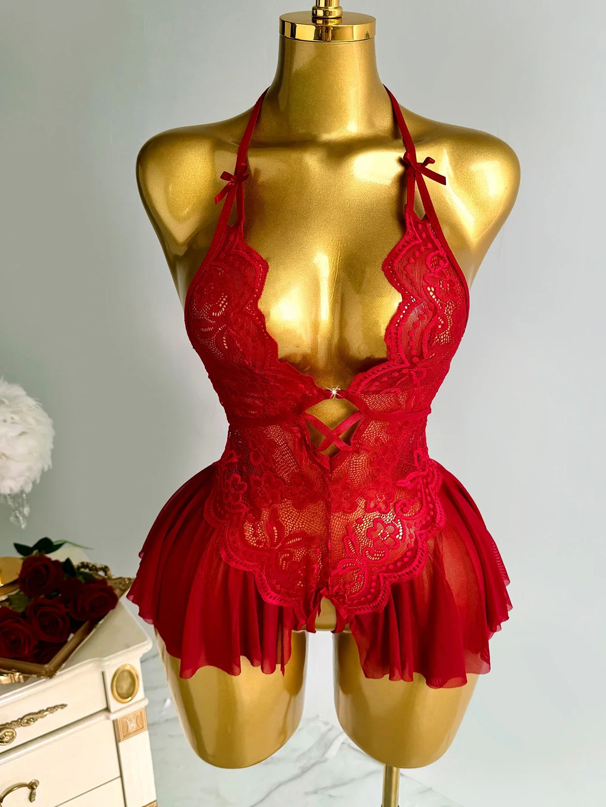 Purple Lace Halter Teddy Lingerie Sheer Mesh Open Crotch Bodysuit Halter Neck Deep V-neck Pleated Hem Romantic Nightwear
