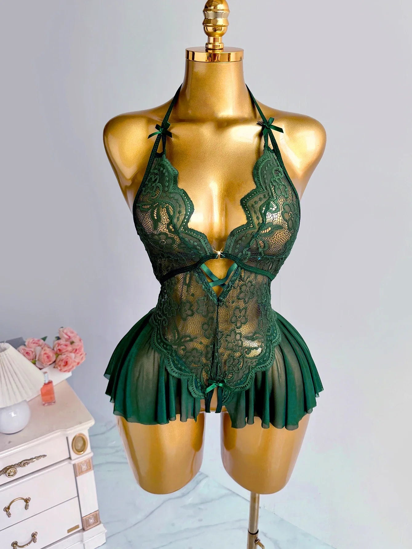 Purple Lace Halter Teddy Lingerie Sheer Mesh Open Crotch Bodysuit Halter Neck Deep V-neck Pleated Hem Romantic Nightwear