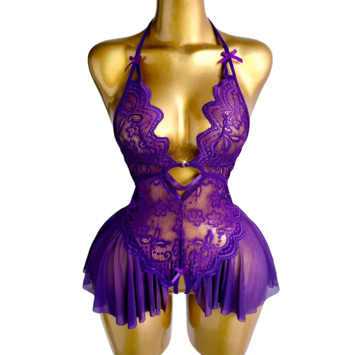 Purple Lace Halter Teddy Lingerie Sheer Mesh Open Crotch Bodysuit Halter Neck Deep V-neck Pleated Hem Romantic Nightwear