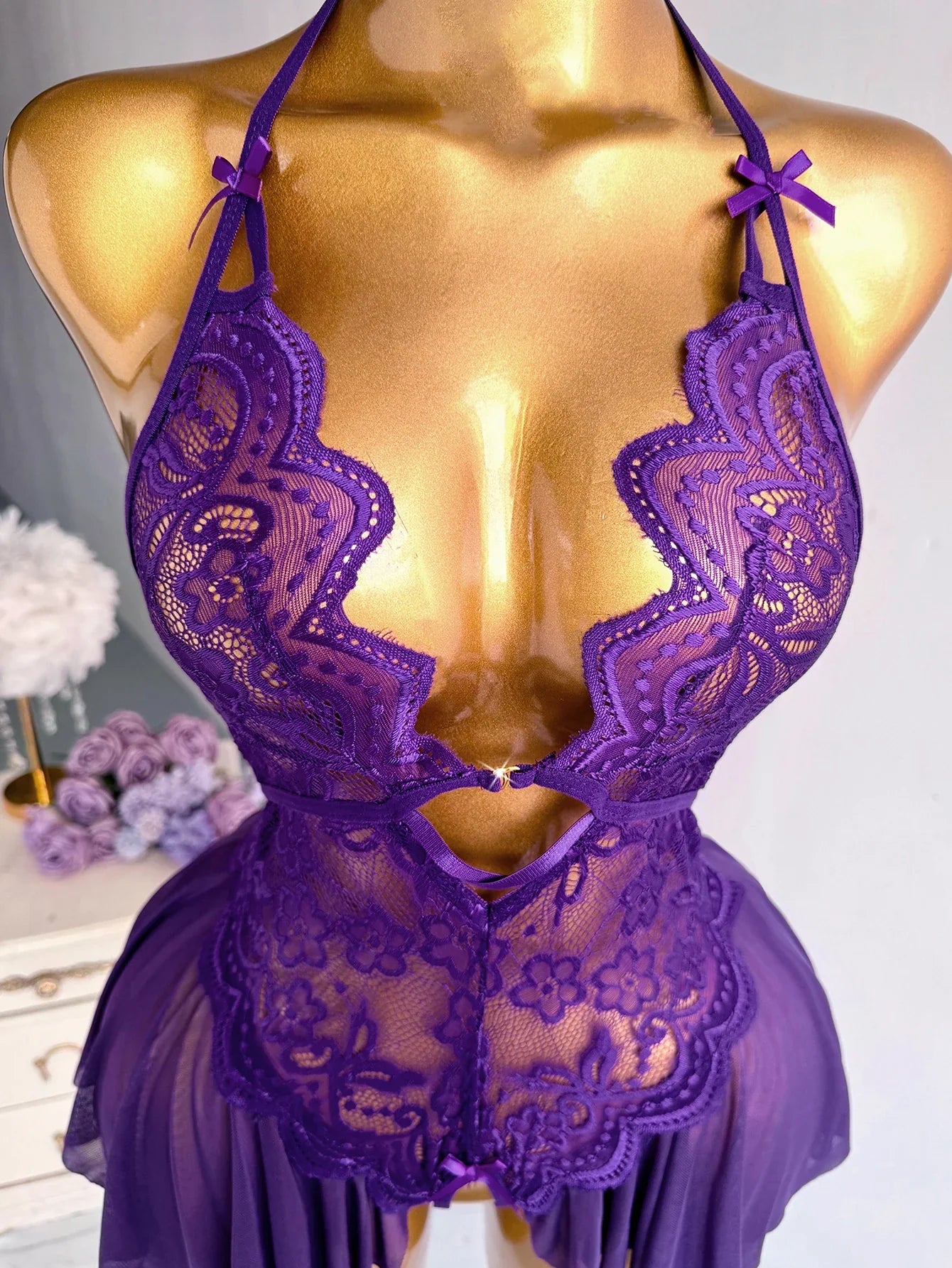 Purple Lace Halter Teddy Lingerie Sheer Mesh Open Crotch Bodysuit Halter Neck Deep V-neck Pleated Hem Romantic Nightwear