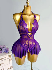 Purple Lace Halter Teddy Lingerie Sheer Mesh Open Crotch Bodysuit Halter Neck Deep V-neck Pleated Hem Romantic Nightwear