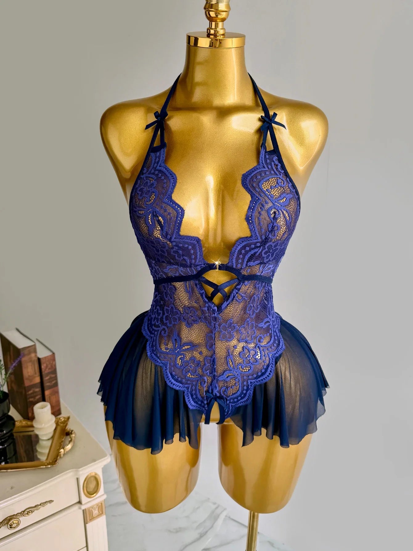 Purple Lace Halter Teddy Lingerie Sheer Mesh Open Crotch Bodysuit Halter Neck Deep V-neck Pleated Hem Romantic Nightwear