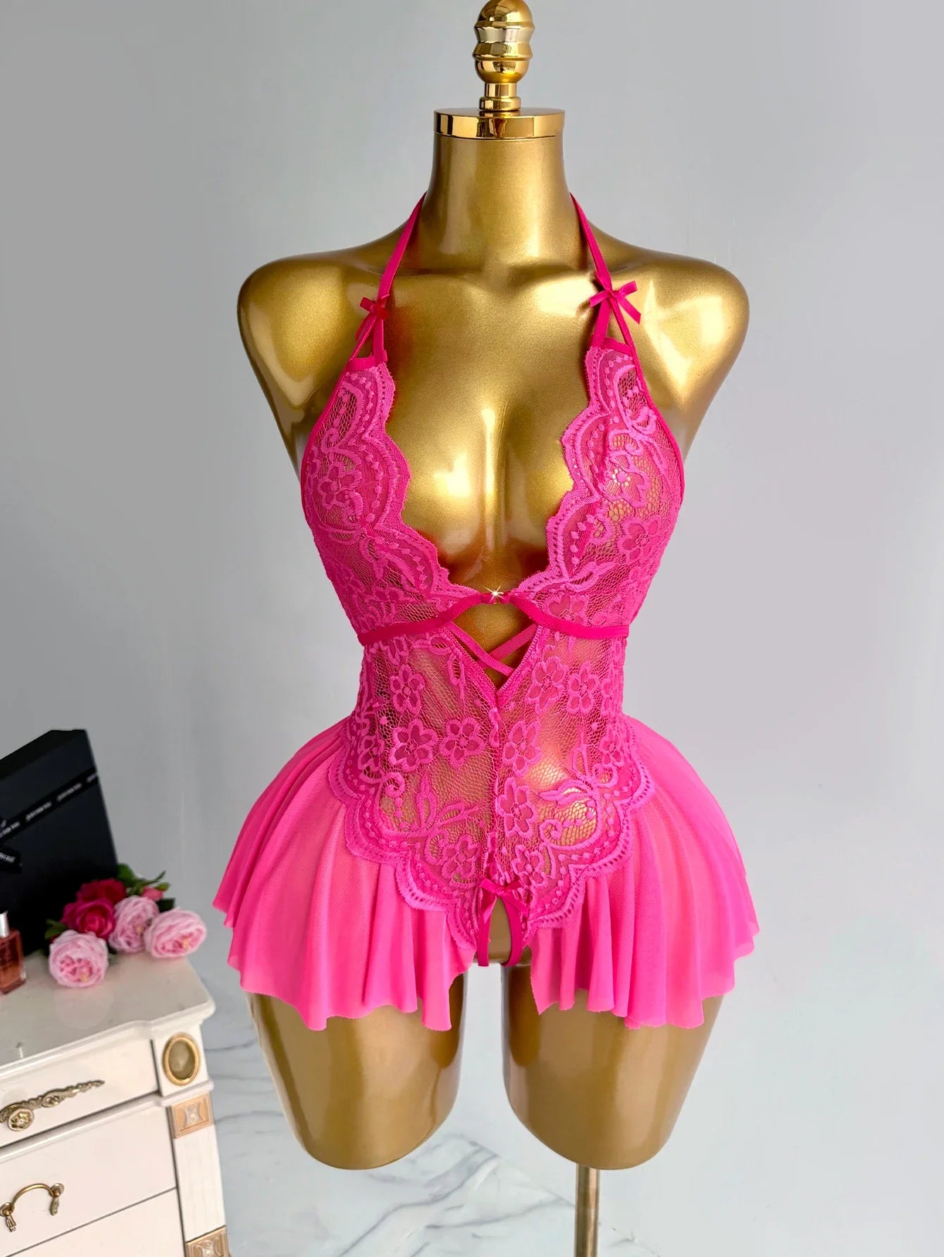 Purple Lace Halter Teddy Lingerie Sheer Mesh Open Crotch Bodysuit Halter Neck Deep V-neck Pleated Hem Romantic Nightwear
