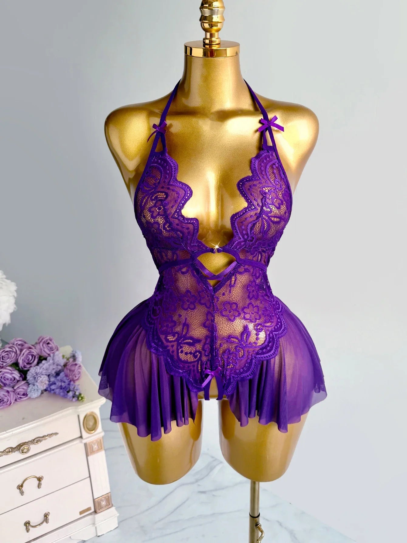 Purple Lace Halter Teddy Lingerie Sheer Mesh Open Crotch Bodysuit Halter Neck Deep V-neck Pleated Hem Romantic Nightwear