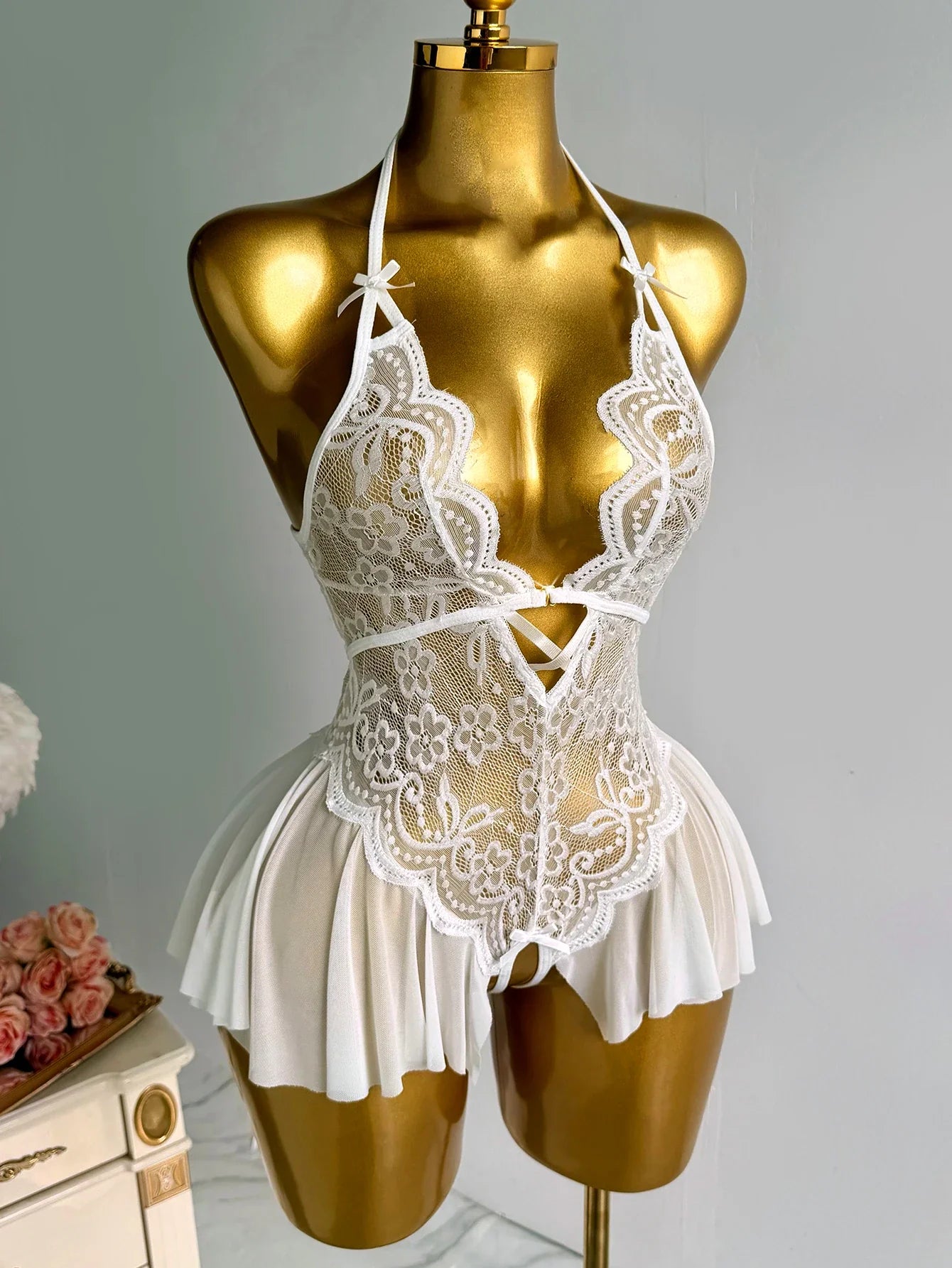 Purple Lace Halter Teddy Lingerie Sheer Mesh Open Crotch Bodysuit Halter Neck Deep V-neck Pleated Hem Romantic Nightwear