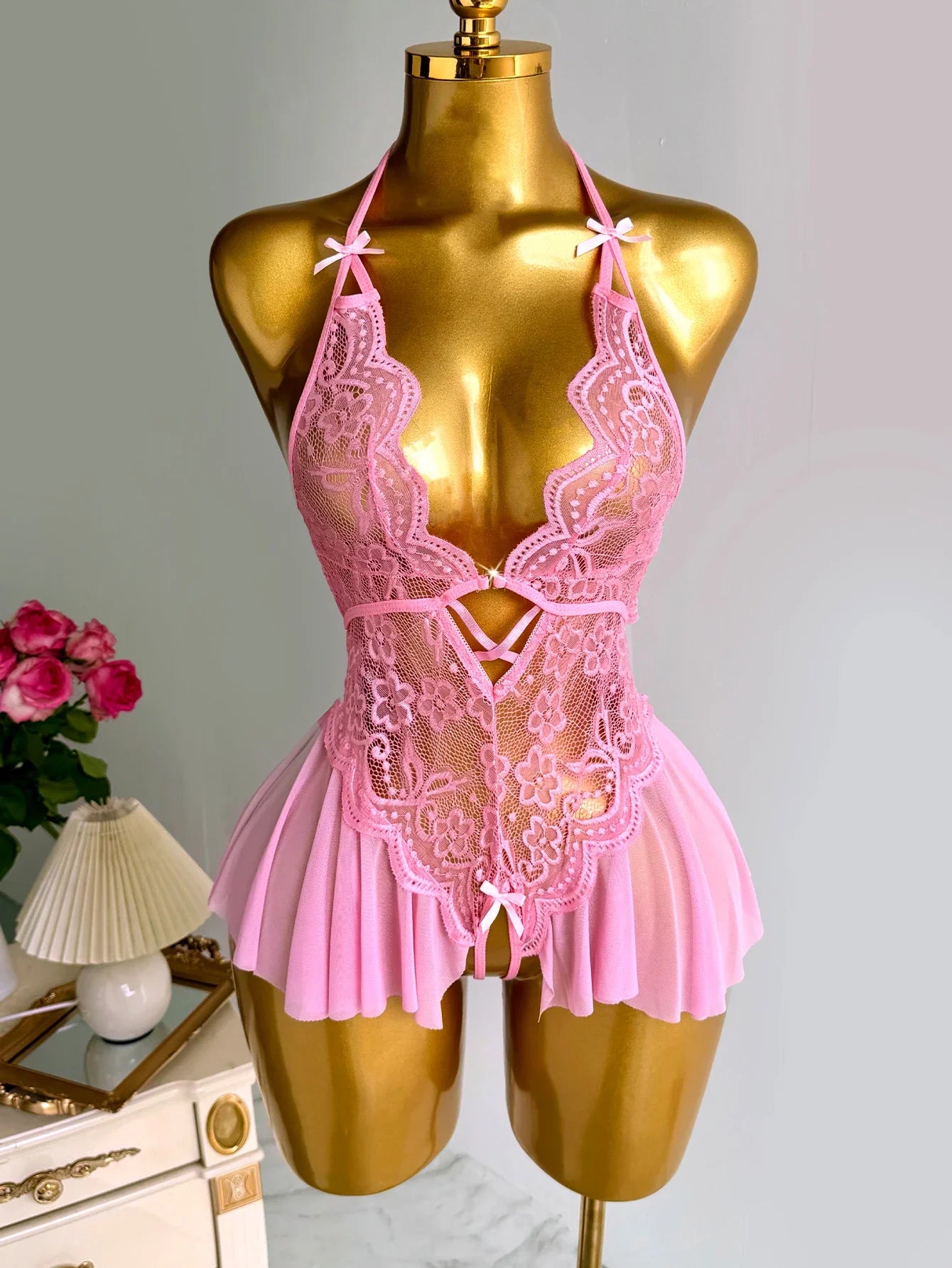 Purple Lace Halter Teddy Lingerie Sheer Mesh Open Crotch Bodysuit Halter Neck Deep V-neck Pleated Hem Romantic Nightwear