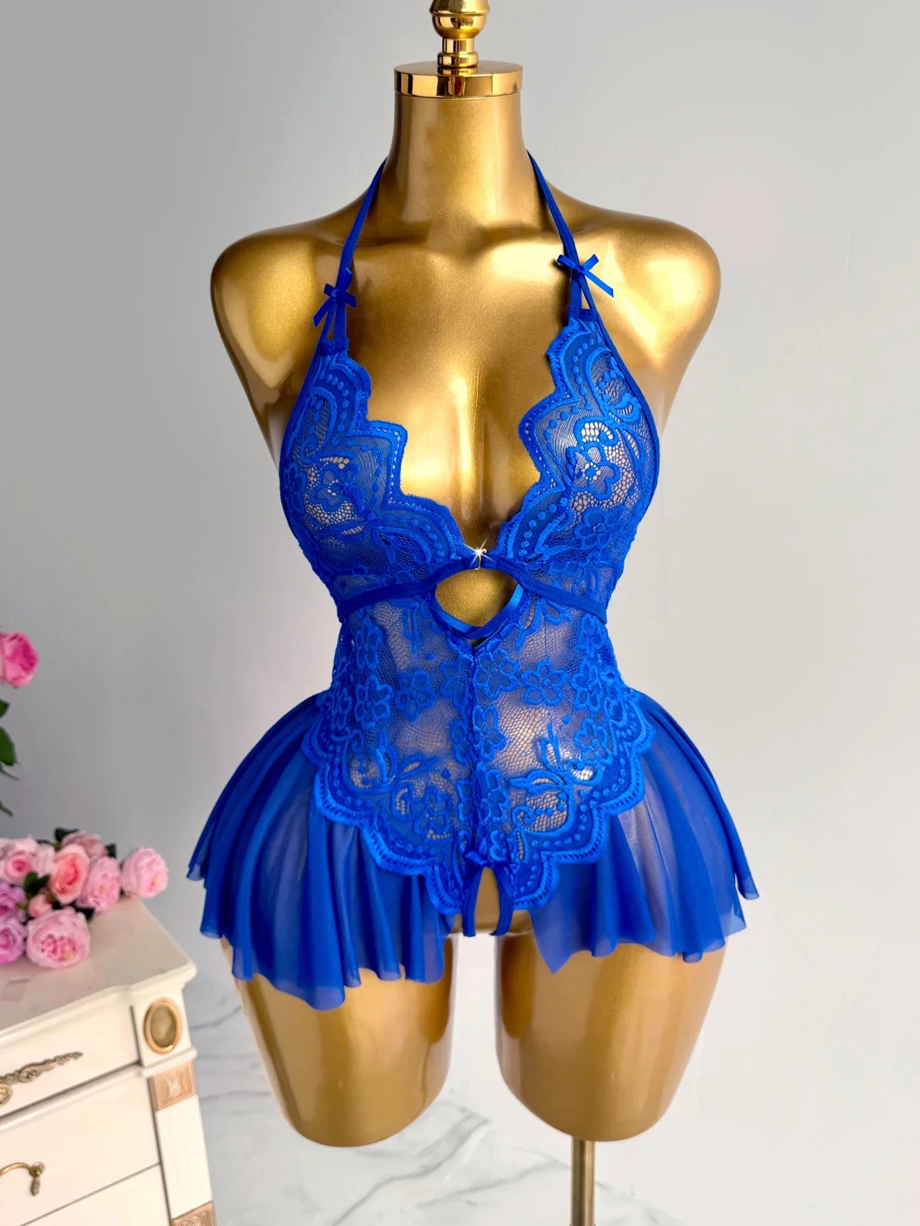 Purple Lace Halter Teddy Lingerie Sheer Mesh Open Crotch Bodysuit Halter Neck Deep V-neck Pleated Hem Romantic Nightwear