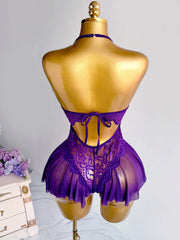 Purple Lace Halter Teddy Lingerie Sheer Mesh Open Crotch Bodysuit Halter Neck Deep V-neck Pleated Hem Romantic Nightwear