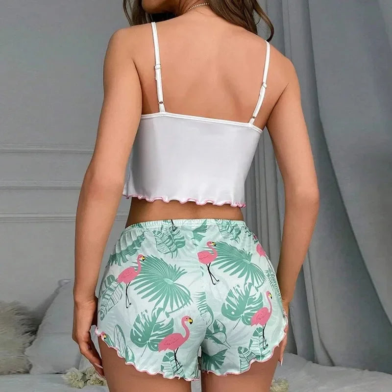 Pyjamas Sleepwear Cute Cartoon Flamingo Print Pajamas Set Summer Sleeveless V-Neck Top & Shorts Homewear Loungewear