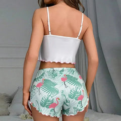 Pyjamas Sleepwear Cute Cartoon Flamingo Print Pajamas Set Summer Sleeveless V-Neck Top & Shorts Homewear Loungewear