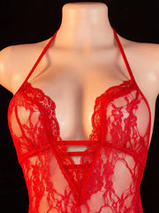 Red Lace Halter Chemise - Sheer Mesh Open Back Mini Lingerie Dress