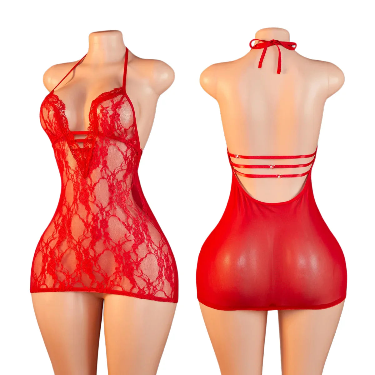 Red Lace Halter Chemise - Sheer Mesh Open Back Mini Lingerie Dress
