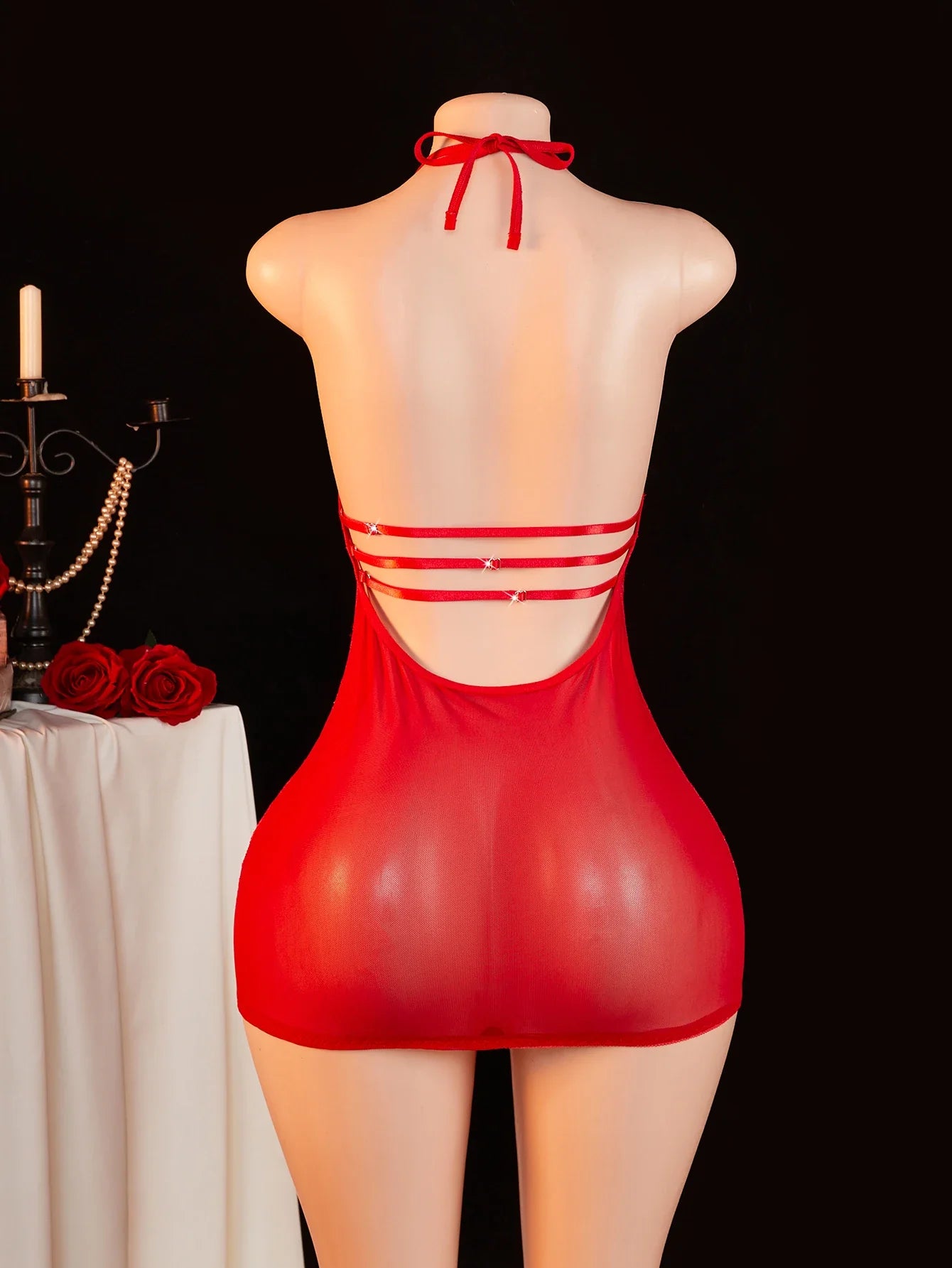 Red Lace Halter Chemise - Sheer Mesh Open Back Mini Lingerie Dress