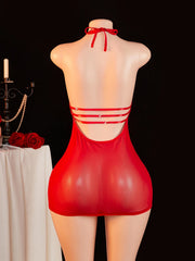 Red Lace Halter Chemise - Sheer Mesh Open Back Mini Lingerie Dress