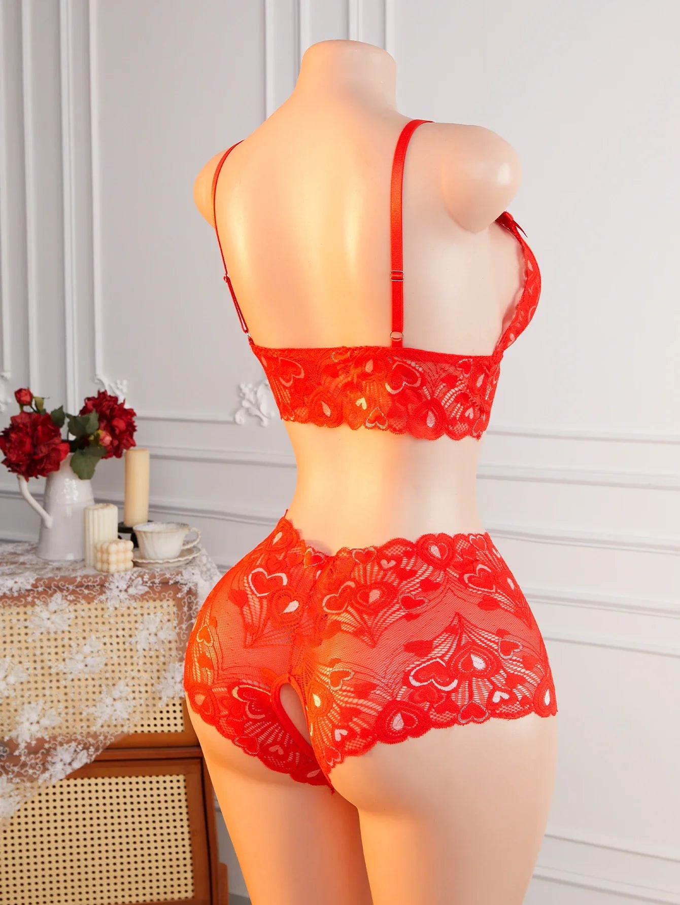 Red Lace Lingerie Set 2-Piece Bra And Panty Sets V-Neck Spaghetti Strap Sleepwear