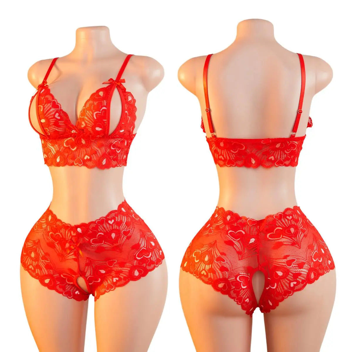 Red Lace Lingerie Set 2-Piece Bra And Panty Sets V-Neck Spaghetti Strap Sleepwear