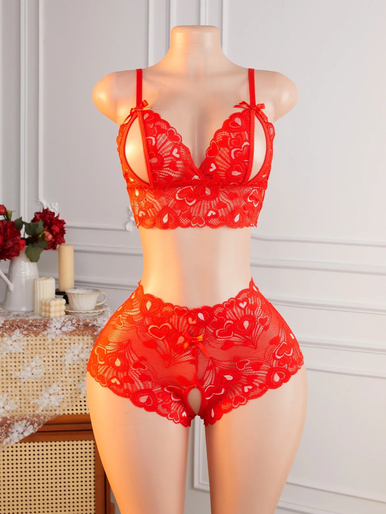 Red Lace Lingerie Set 2-Piece Bra And Panty Sets V-Neck Spaghetti Strap Sleepwear