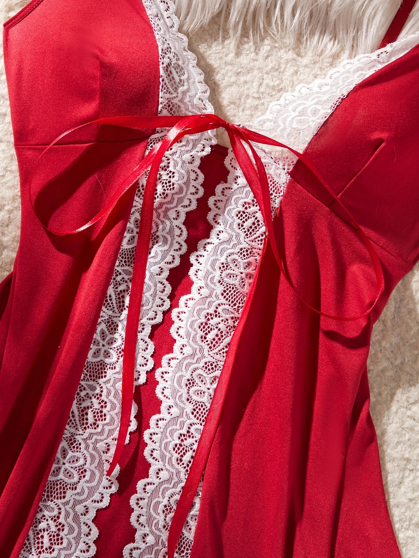 Red Lace Chemise Sleep Dress With Front Tie & Adjustable Spaghetti Straps