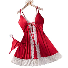 Red Lace Chemise Sleep Dress With Front Tie & Adjustable Spaghetti Straps