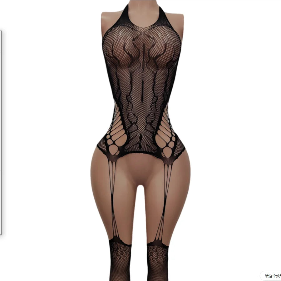 Backless Floral Trim Bodycon Onesie Lingerie Tempting Stockings Sleepwear Hanging Neck Straprousers Attractiveness