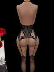 Backless Floral Trim Bodycon Onesie Lingerie Tempting Stockings Sleepwear Hanging Neck Straprousers Attractiveness