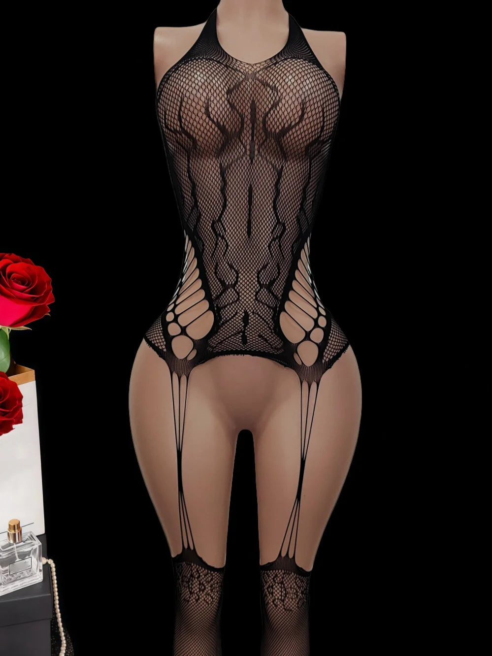 Backless Floral Trim Bodycon Onesie Lingerie Tempting Stockings Sleepwear Hanging Neck Straprousers Attractiveness