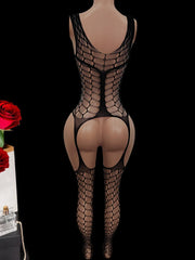 Hollow Elastic Lace Net Onesie Pantsuit Backless Slip-On Jumpsuit Com