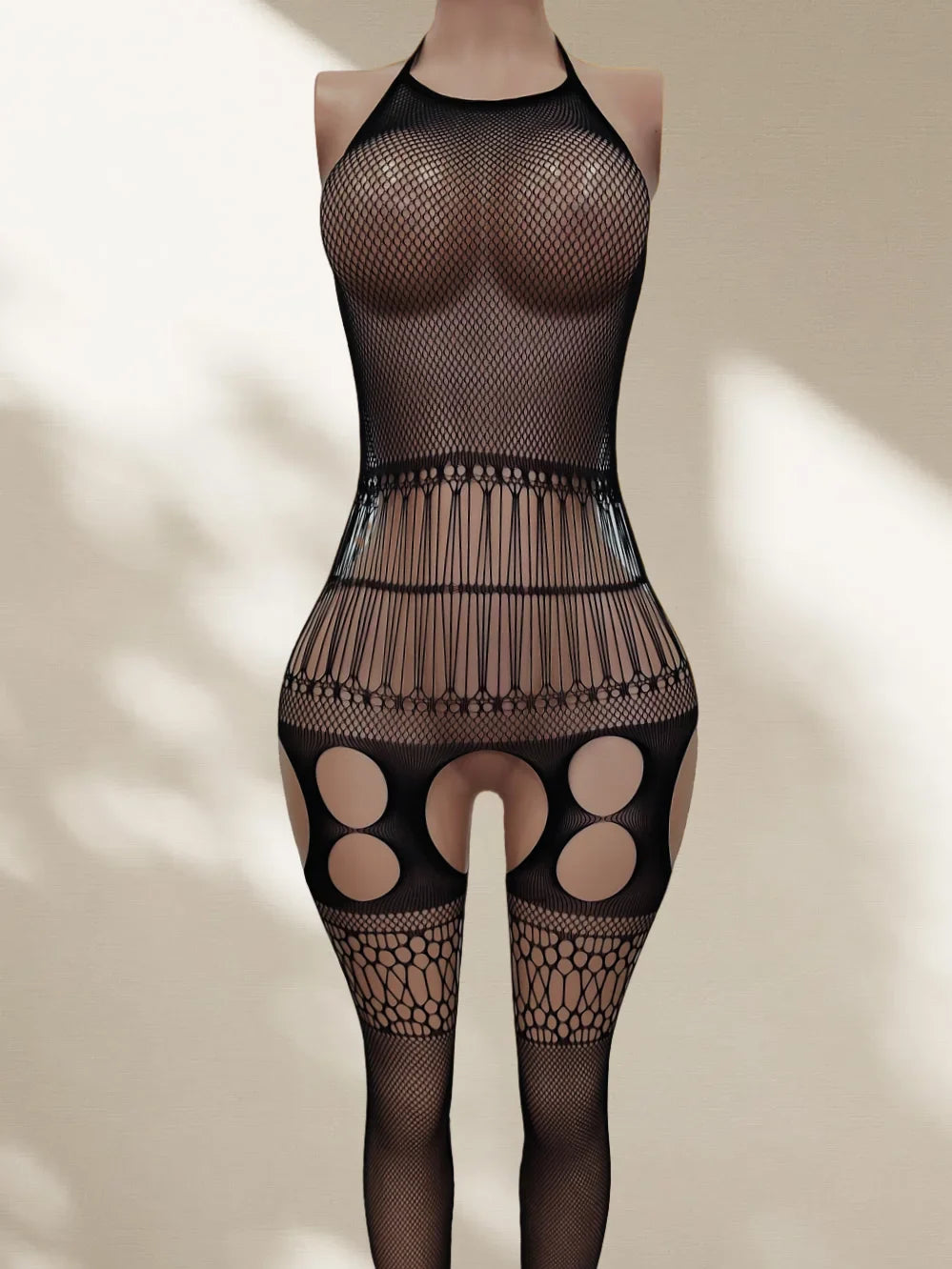 Knitted Nightgown Hanging Neck Net Lace Back Hollow out See-through Knitwear