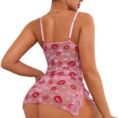 Lingeie Set Transparent Lace Erotic Underwear Romantic Lips Babydoll Dress Bra & Panties Sets Female Nightdress