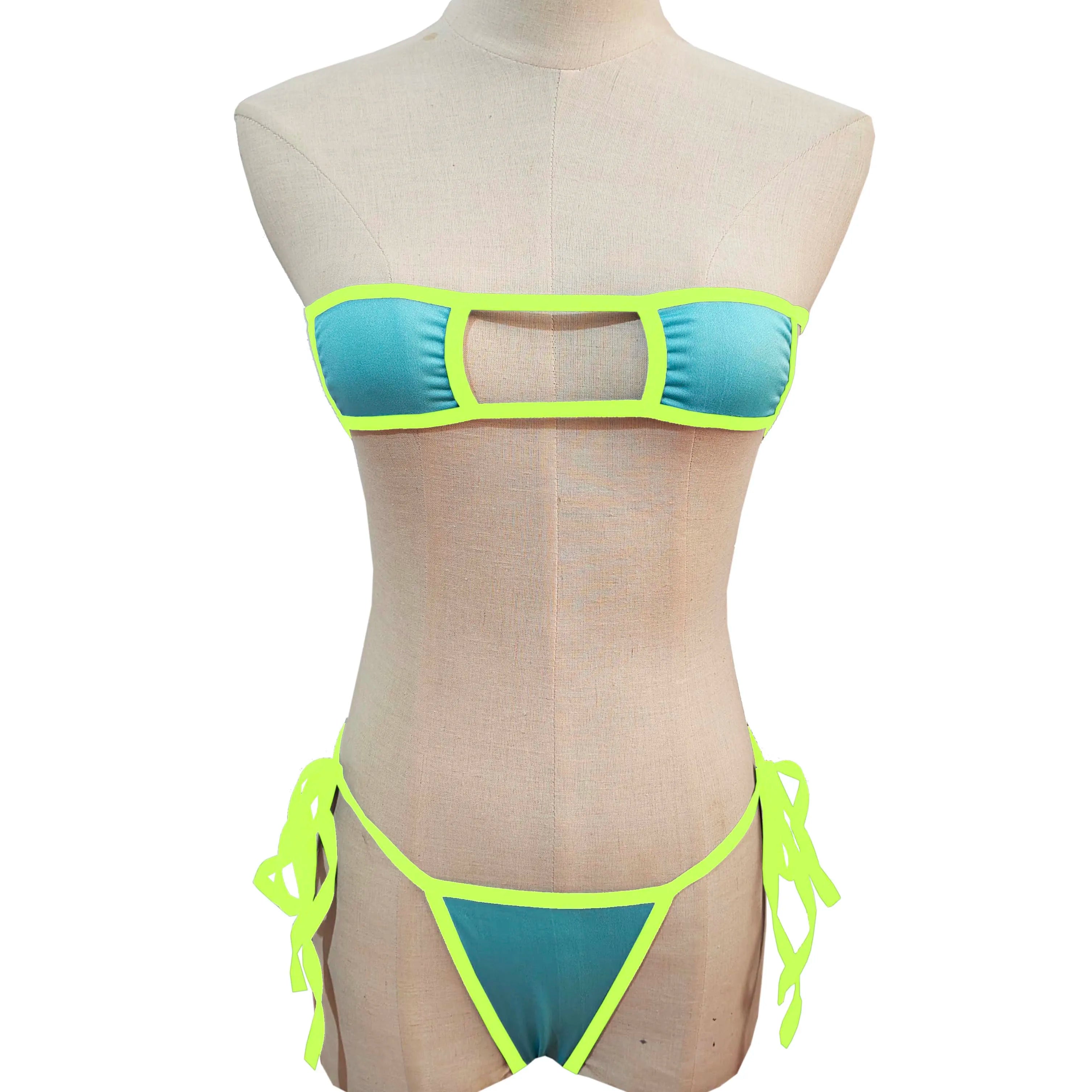 Lingerie Strapless Tie Bikini Colour-block Tie Panties Swimsuit Multicolour Thong Swimwear Set