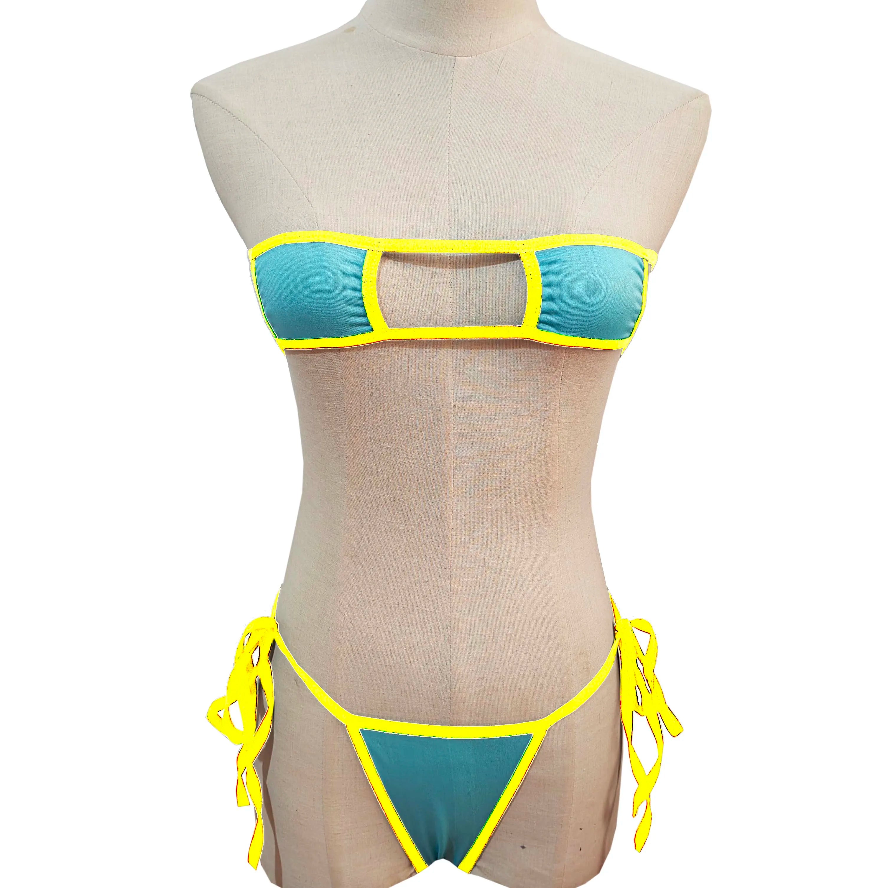 Lingerie Strapless Tie Bikini Colour-block Tie Panties Swimsuit Multicolour Thong Swimwear Set