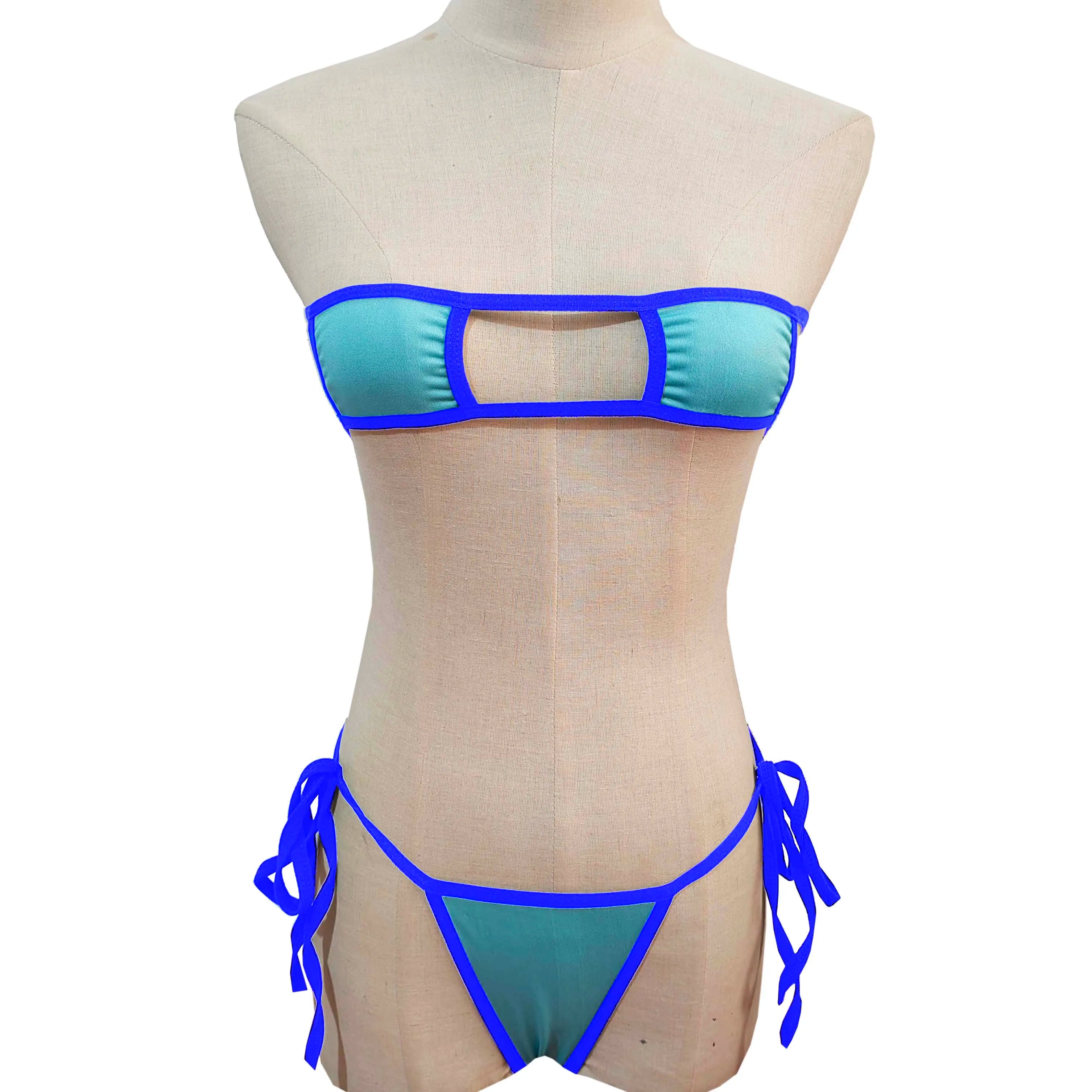 Lingerie Strapless Tie Bikini Colour-block Tie Panties Swimsuit Multicolour Thong Swimwear Set
