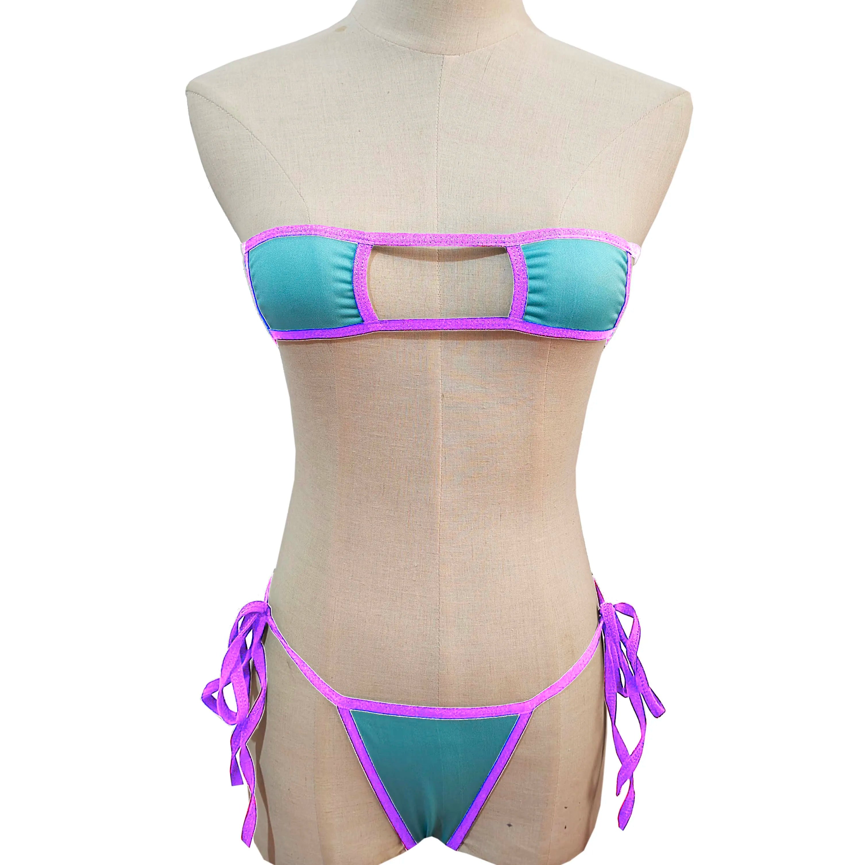 Lingerie Strapless Tie Bikini Colour-block Tie Panties Swimsuit Multicolour Thong Swimwear Set