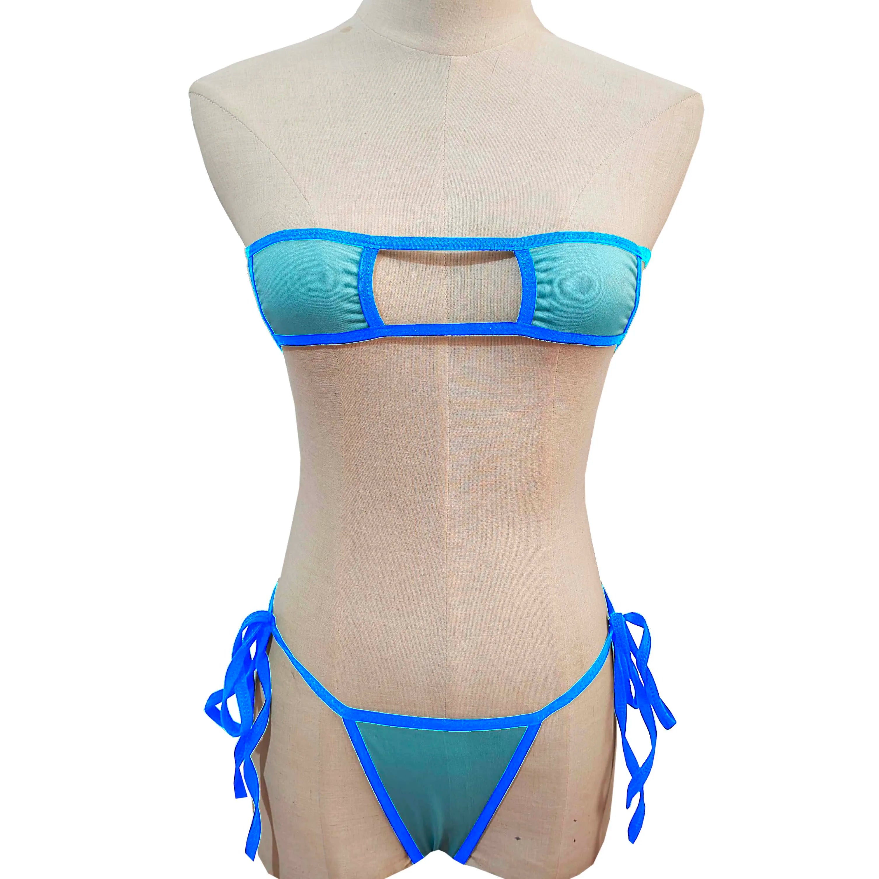 Lingerie Strapless Tie Bikini Colour-block Tie Panties Swimsuit Multicolour Thong Swimwear Set
