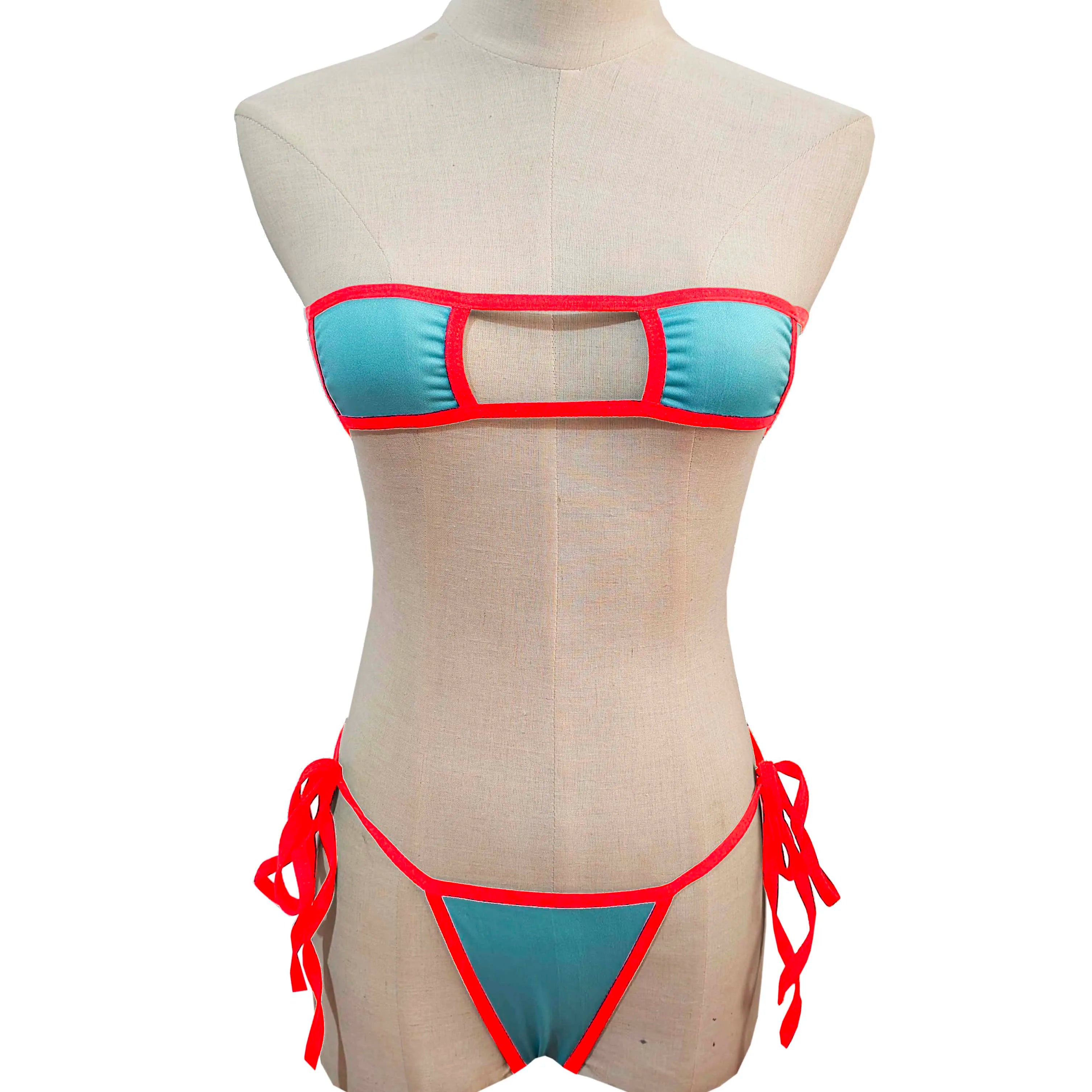 Lingerie Strapless Tie Bikini Colour-block Tie Panties Swimsuit Multicolour Thong Swimwear Set