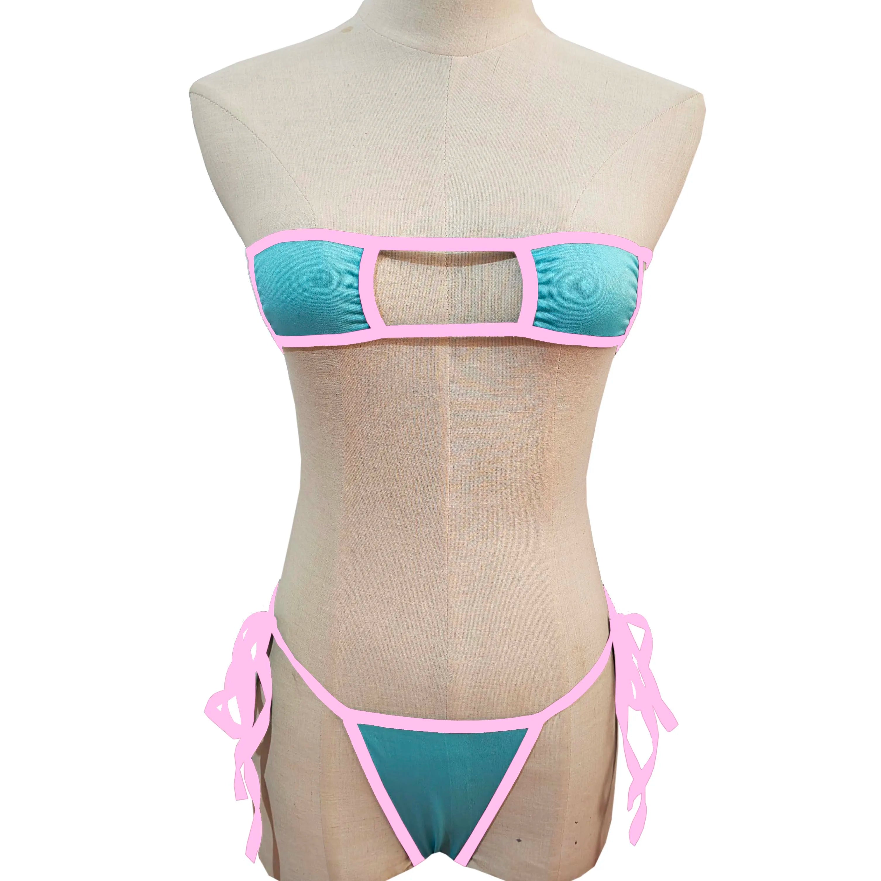 Lingerie Strapless Tie Bikini Colour-block Tie Panties Swimsuit Multicolour Thong Swimwear Set