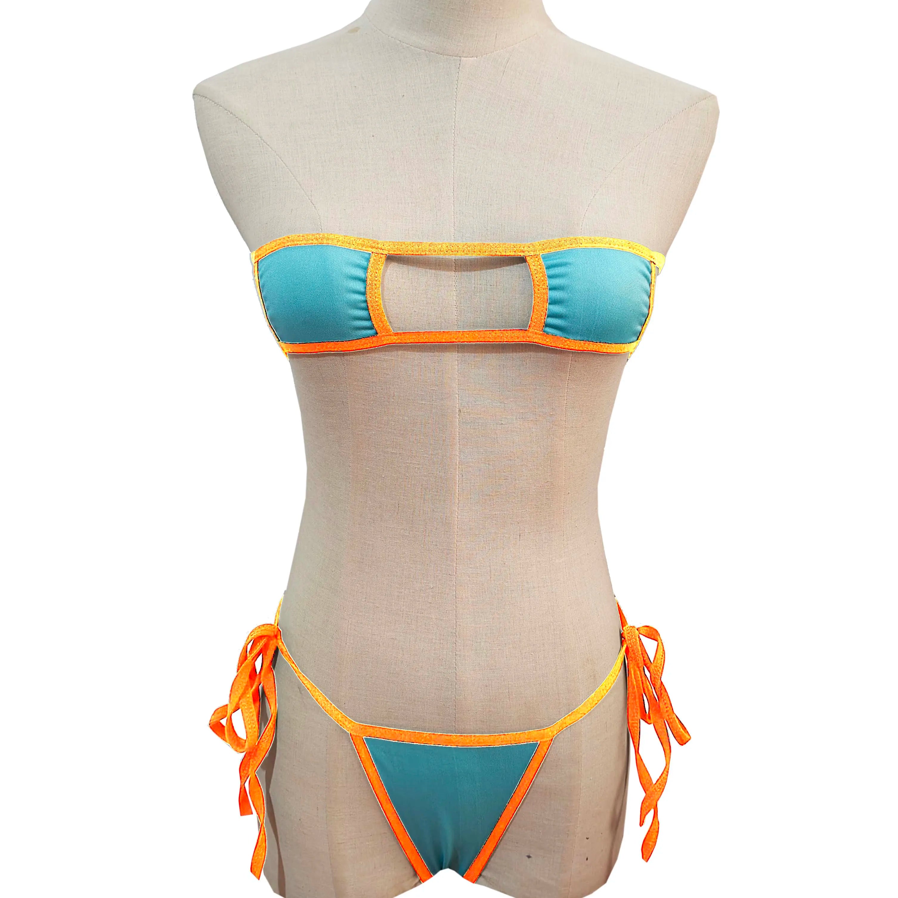Lingerie Strapless Tie Bikini Colour-block Tie Panties Swimsuit Multicolour Thong Swimwear Set