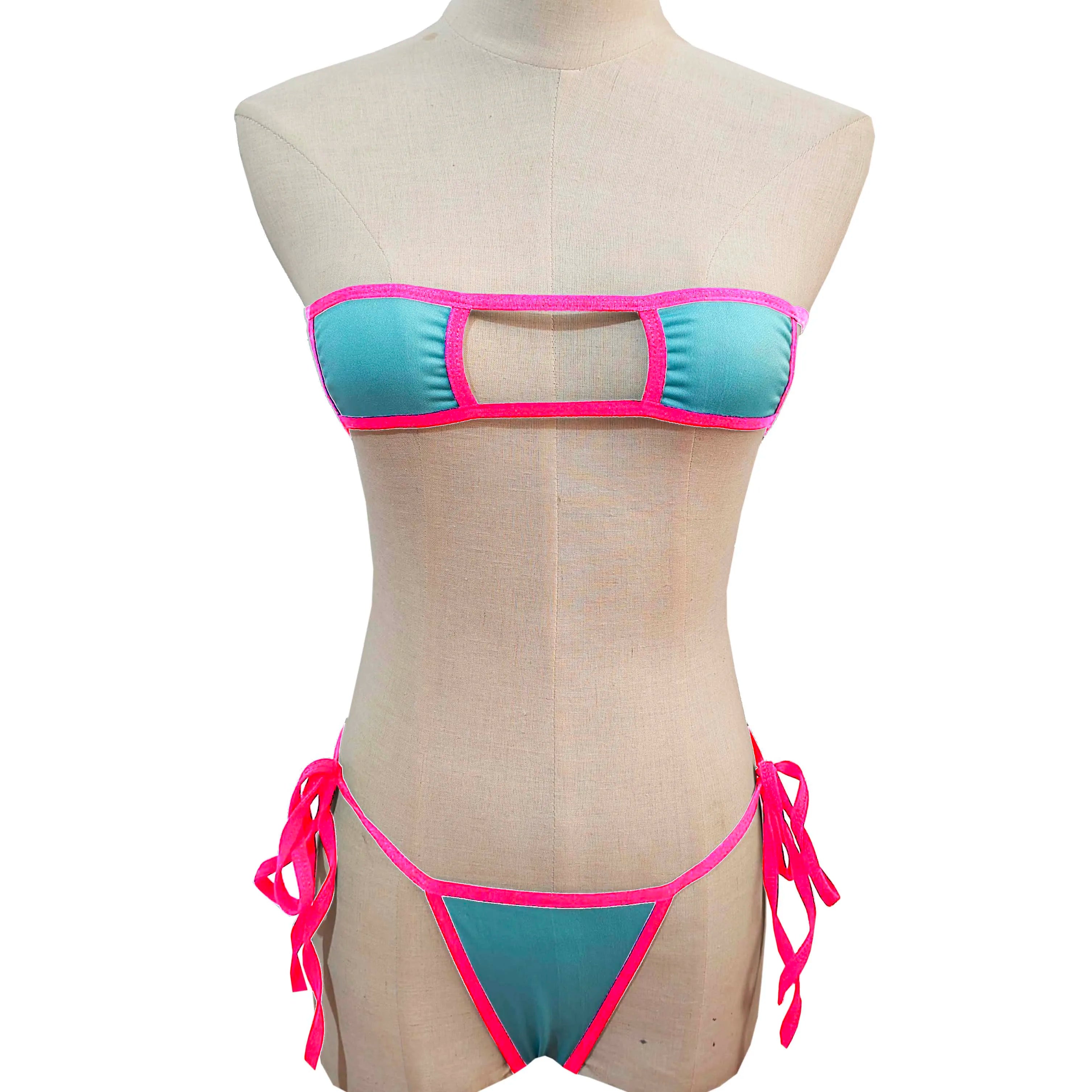 Lingerie Strapless Tie Bikini Colour-block Tie Panties Swimsuit Multicolour Thong Swimwear Set