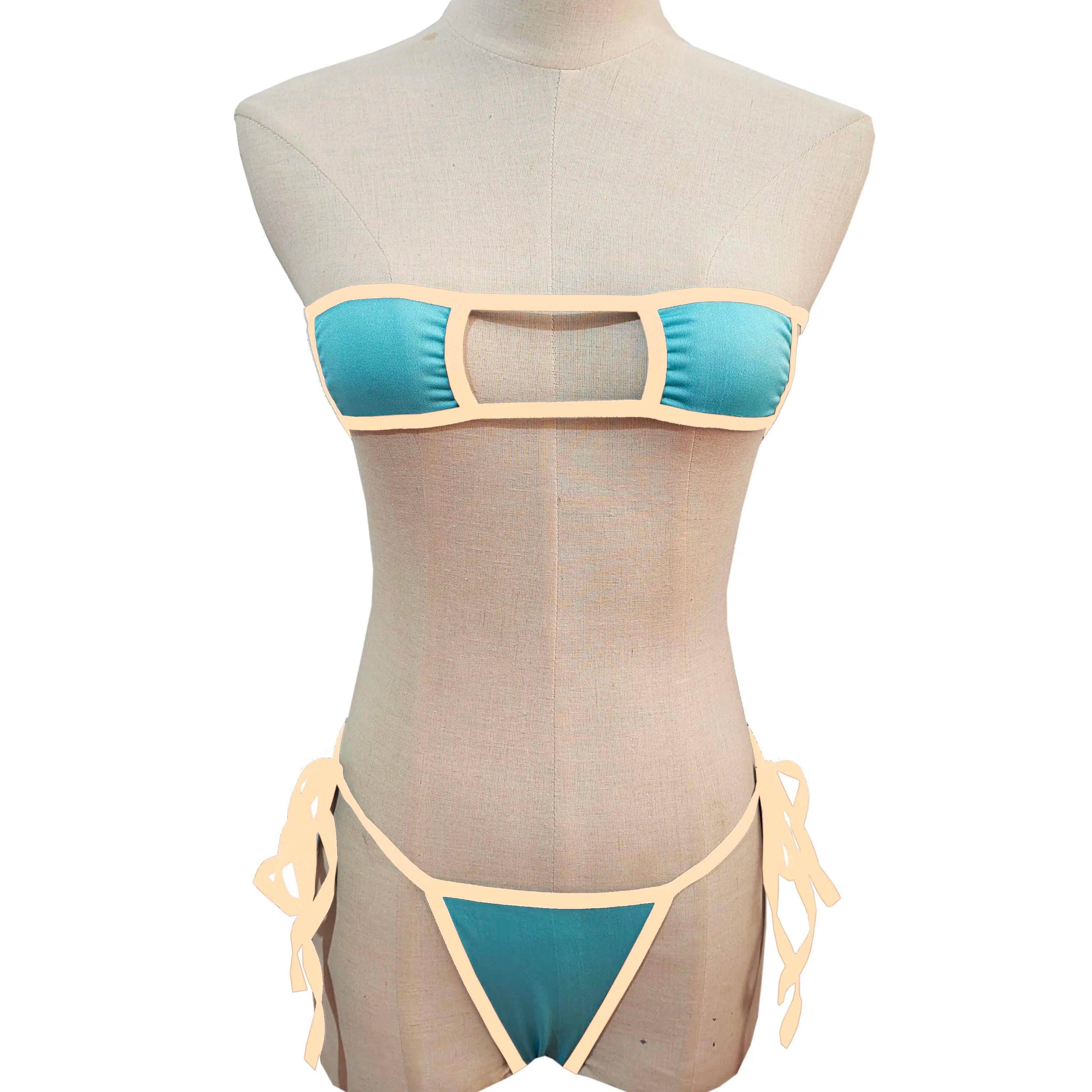 Lingerie Strapless Tie Bikini Colour-block Tie Panties Swimsuit Multicolour Thong Swimwear Set