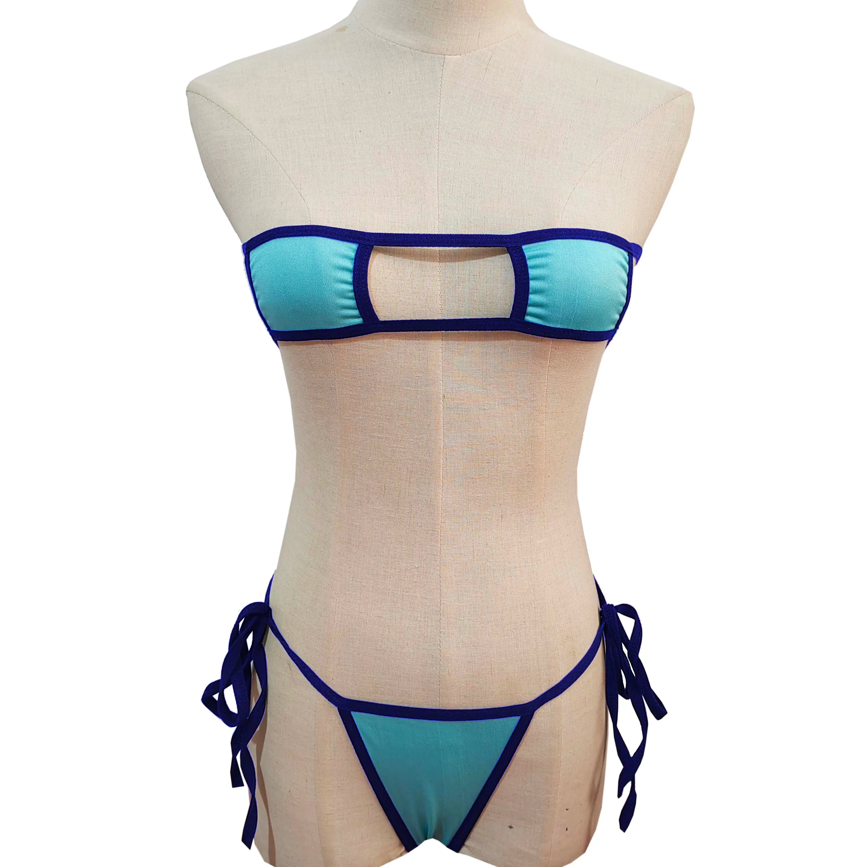 Lingerie Strapless Tie Bikini Colour-block Tie Panties Swimsuit Multicolour Thong Swimwear Set