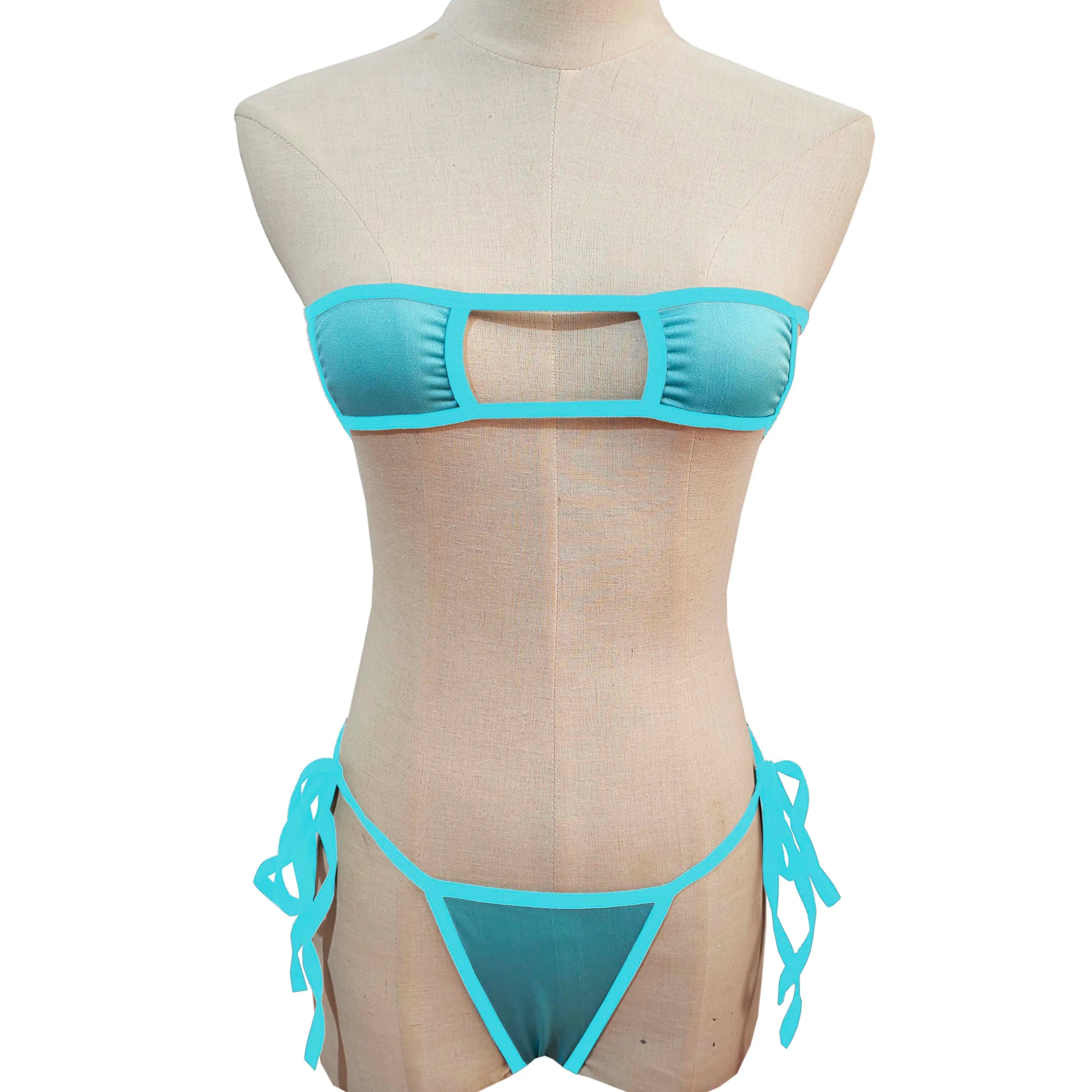 Lingerie Strapless Tie Bikini Colour-block Tie Panties Swimsuit Multicolour Thong Swimwear Set