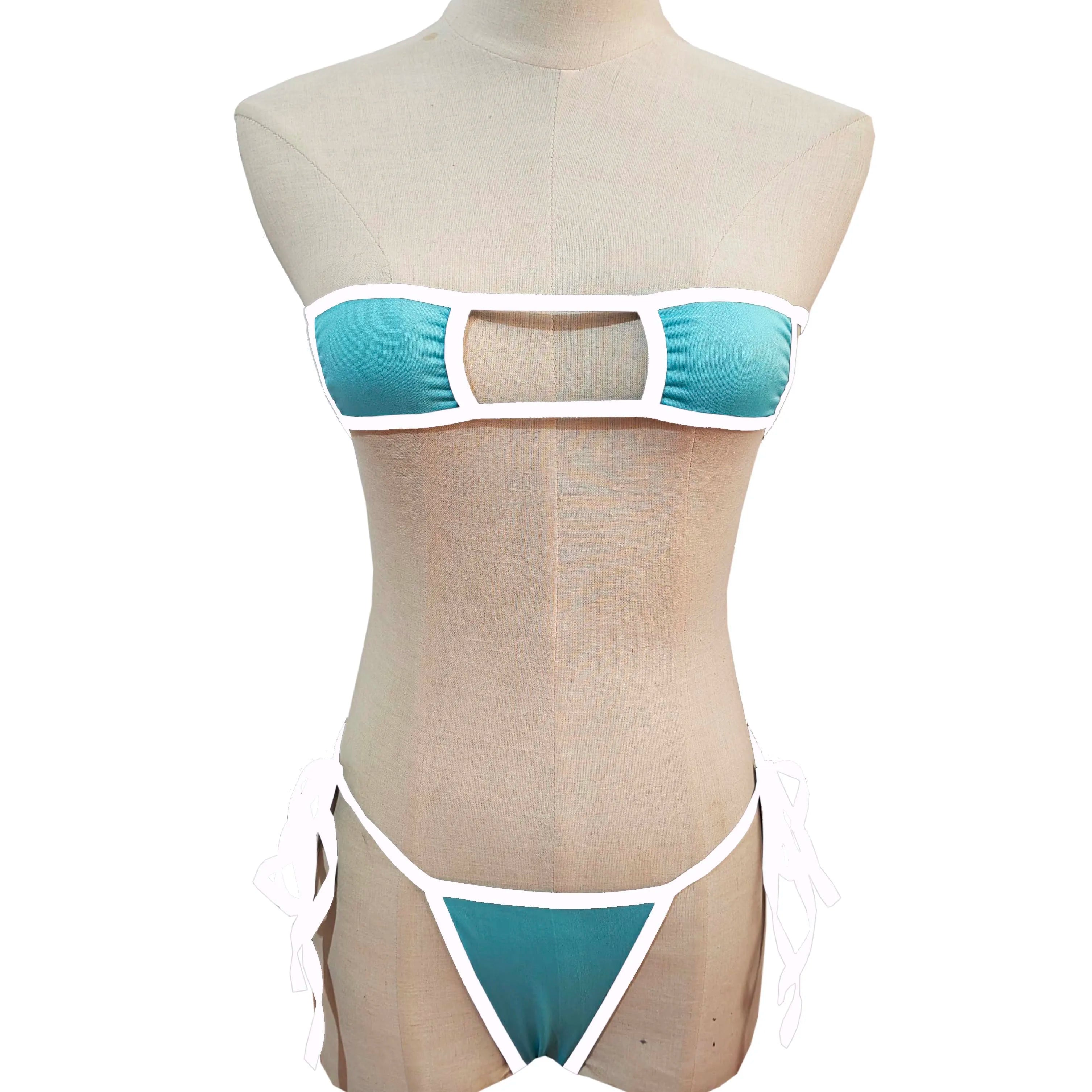 Lingerie Strapless Tie Bikini Colour-block Tie Panties Swimsuit Multicolour Thong Swimwear Set
