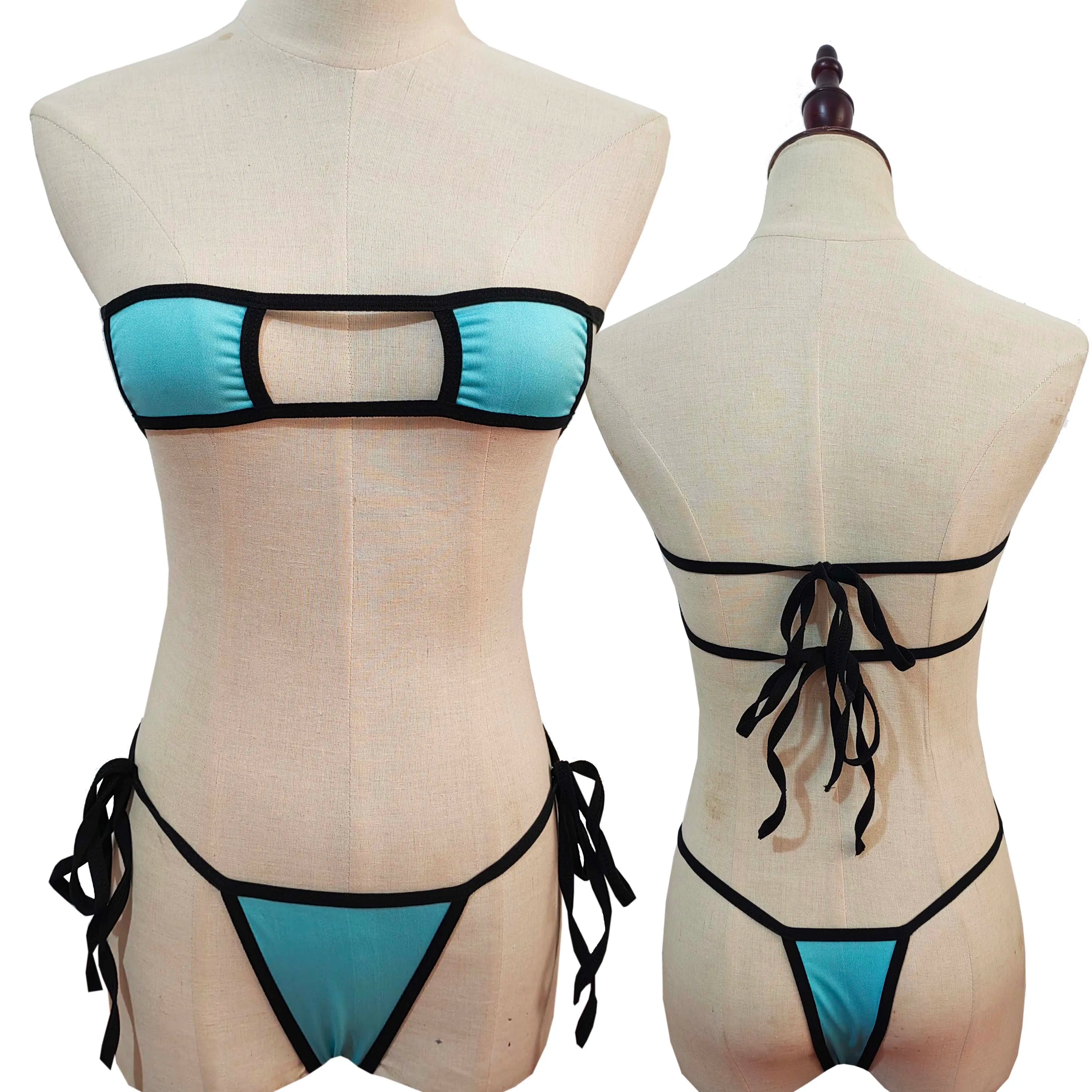 Lingerie Strapless Tie Bikini Colour-block Tie Panties Swimsuit Multicolour Thong Swimwear Set