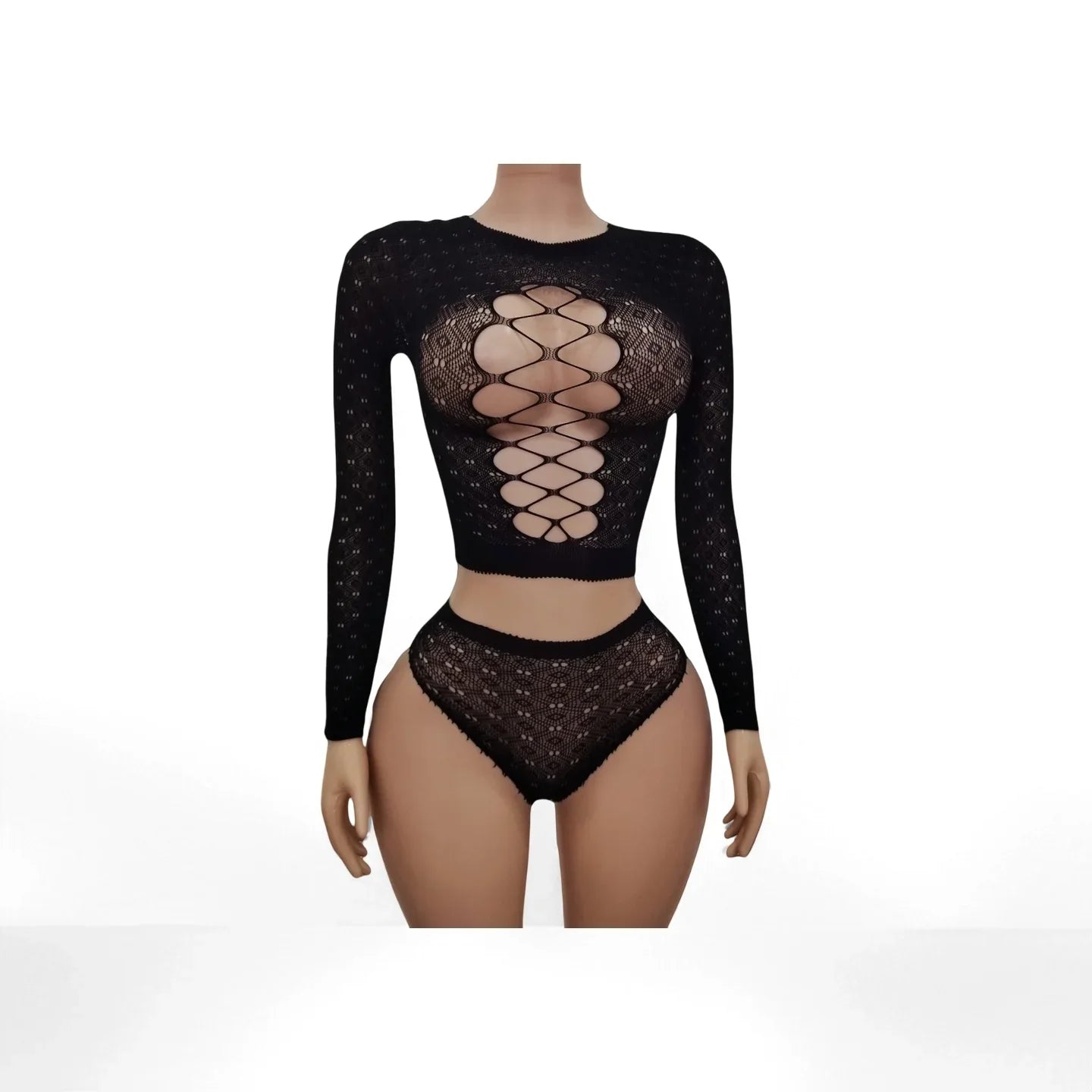 Long Sleeve Mesh Lingerie Set with Hollow out And Hole Design Triangular Pants Adult Playful Sleepwear
