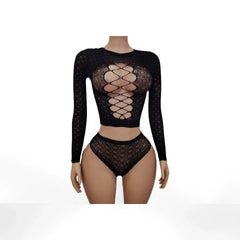 Long Sleeve Mesh Lingerie Set with Hollow out And Hole Design Triangular Pants Adult Playful Sleepwear